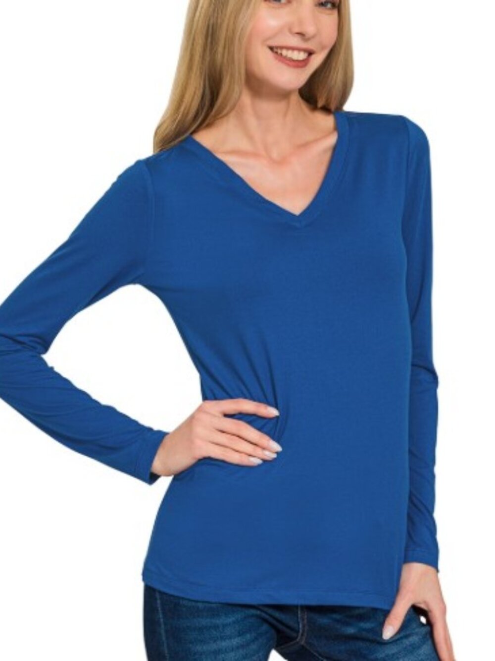 Brushed DTY Microfiber Long Sleeve V‑Neck Tee – Buttery Soft Warm Stretch